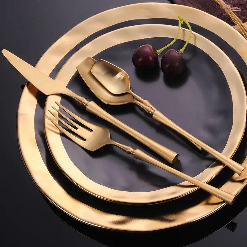 24Pcs/set Dinnerware Set 304 Stainless Steel Black Gold Cutlery Set Knife Fork Set Flatware Tableware Forks Knives Spoons Peaceful Pleasures Health and Wellness