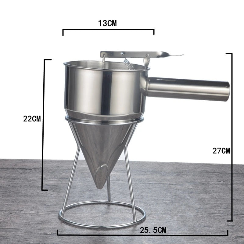 Stainless Steel Batter Dispenser Funnel with Rack – Pancake, Cupcake & Octopus Ball Maker Baking Tool