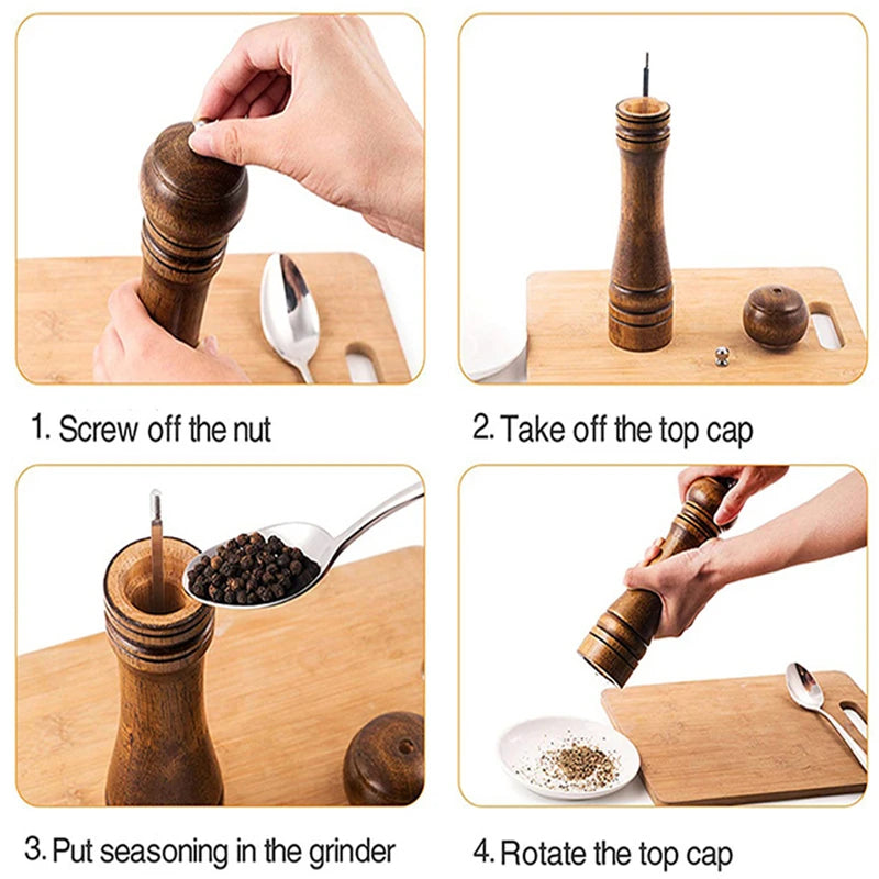 4PC 10inch Classical Oak Wood Pepper Spice Mill Grinder Set Handheld Seasoning Mills Grinder Ceramic Grinding Core BBQ Tools Set