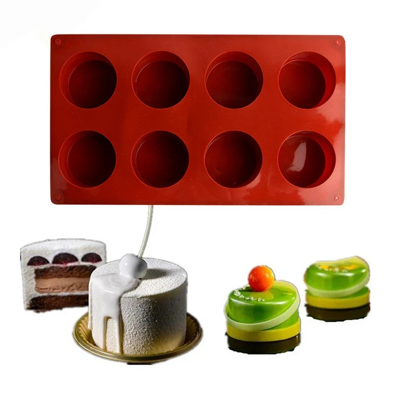 8-Hole 3D Round Silicone Cake Mold – Muffin, Mousse & Choc