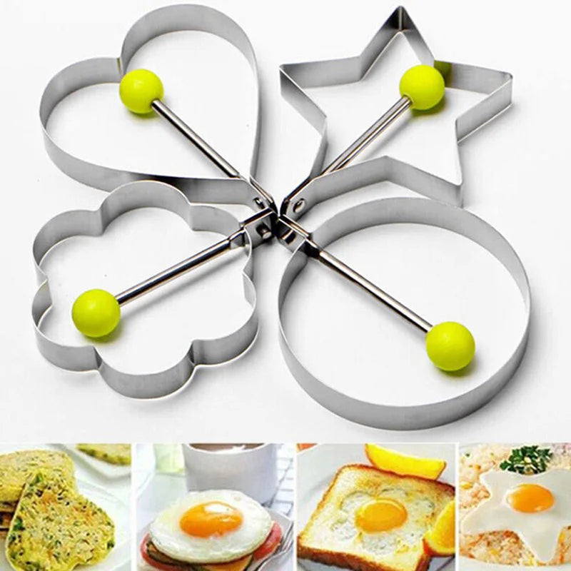 4-Piece Stainless Steel Egg & Pancake Shaper Mold Set – Flower, Heart, Circle & Star Shapes for Fun Family Cooking