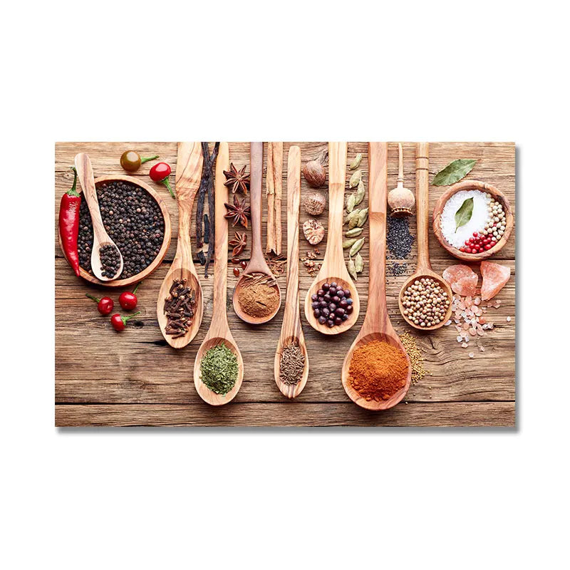 Grains Spices Spoon Peppers Canvas Painting Kitchen Decoration Posters Prints For Dining room Wall Art Pictures Home Art Decor Peaceful Pleasures Health and Wellness PC 7802 20x30cm No Frame