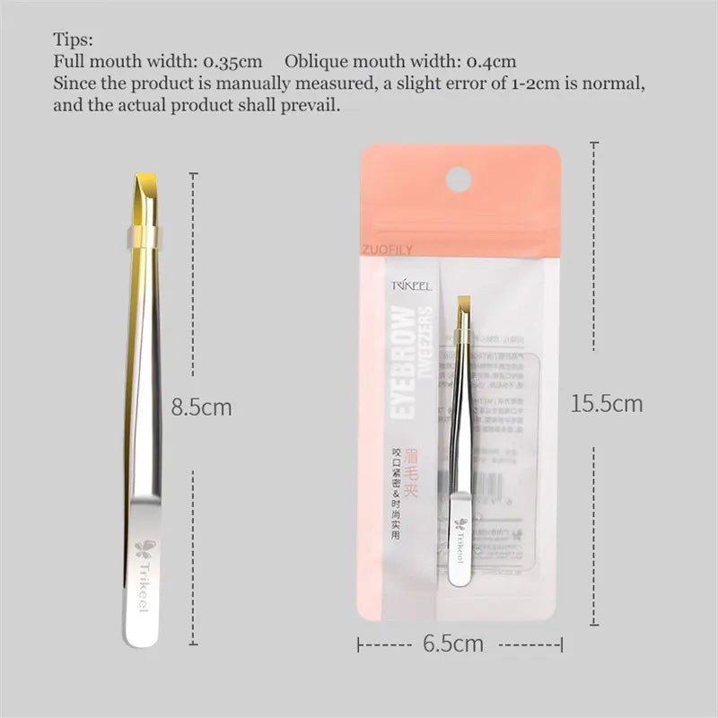 Stainless Steel Flat & Slant Tip Eyebrow Tweezer Tool