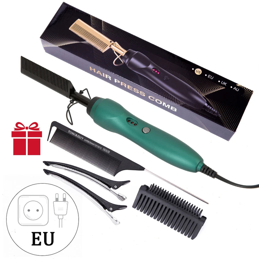 3 in 1 Hot Comb Straightener Electric Hair Straightener Hair Curler Wet Dry Use Hair Flat Irons Hot Heating Comb For Hair Peaceful Pleasures Health and Wellness Green EU