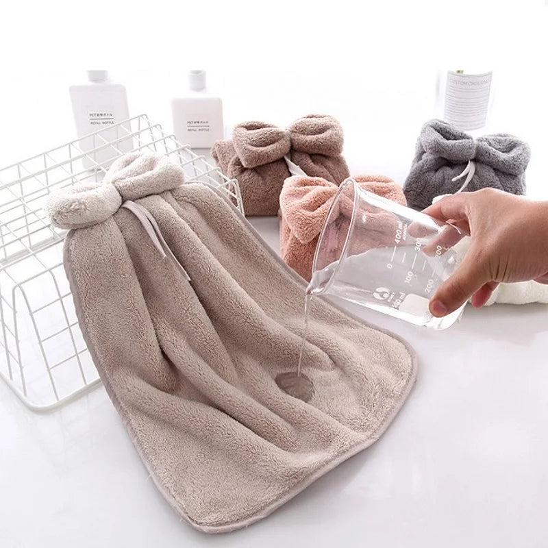Bow Hanging Hand Towel – Absorbent Coral Fleece Kitchen & Bath