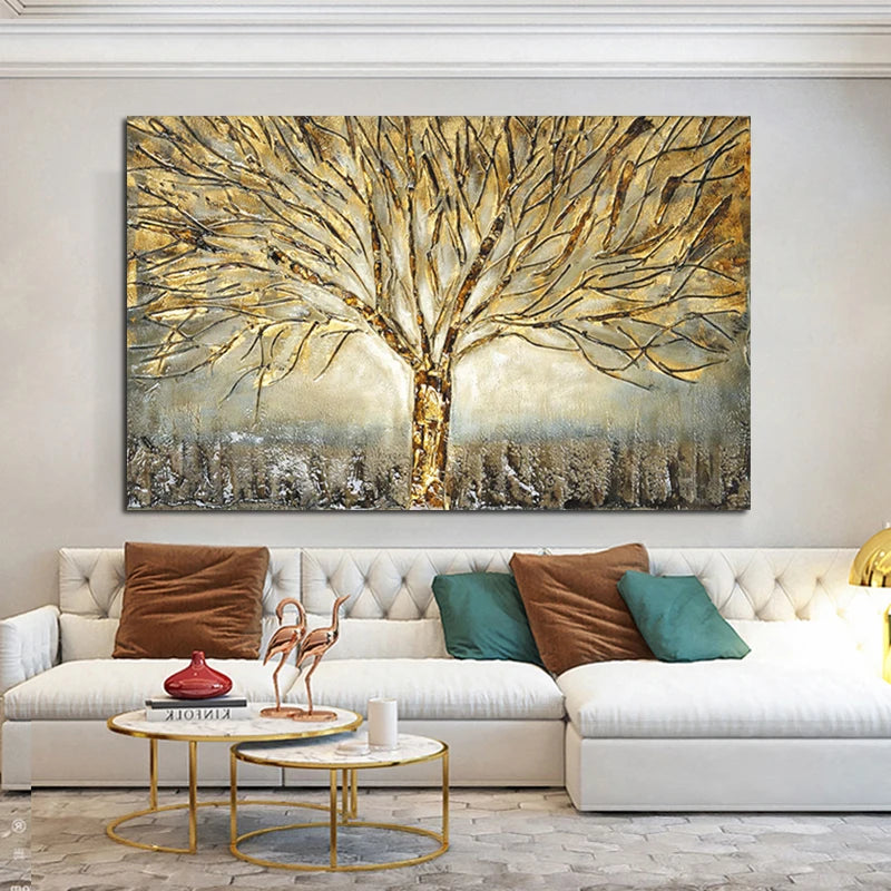 Gold Tree of Life Oil Painting Poster and Prints on Canvas Abstract Art Pictures Modern Wall Art For Home Living Room Decoration Peaceful Pleasures Health and Wellness