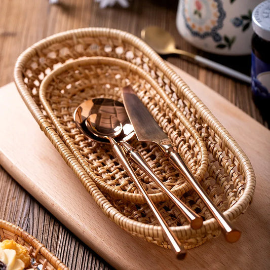 Hand-Woven Rattan Bread Storage Tray Fruit Basket Breakfast Serving Trays Oval Tea Snack Plate Cutlery Tray Home Decoration Peaceful Pleasures Health and Wellness
