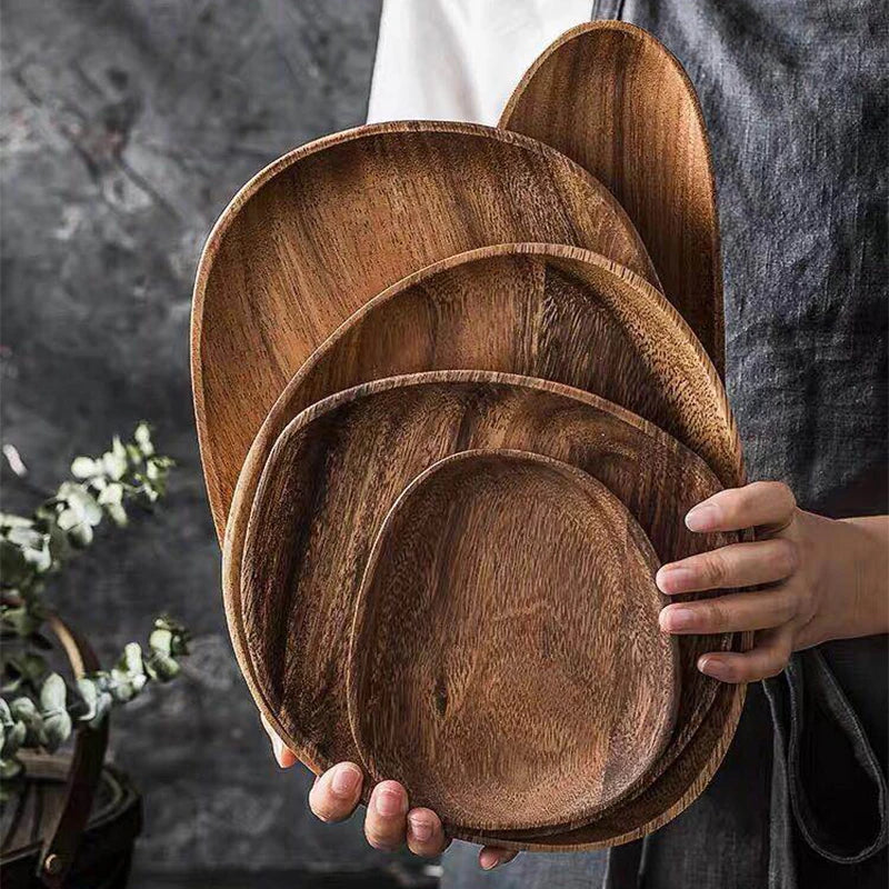 Irregular Oval Solid Acacia Wood Serving Plate & Tray | Natural Grain – Fruit, Dessert, Charcuterie & Tea