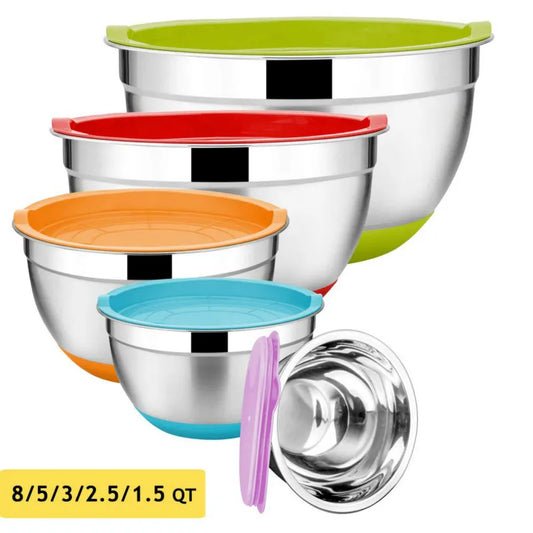 5 Pieces Stainless Steel Mixing Bowls Metal Nesting Bowls with Colorful Airtight Lids Non-Slip Bottoms 18/20/22/24/26cm Diameter Peaceful Pleasures Health and Wellness Default Title