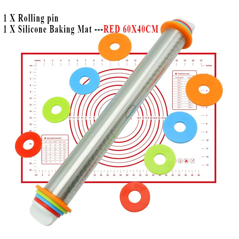 17-Inch Adjustable Stainless Steel Rolling Pin | 4 Thickness Rings & Silicone Baking Mat