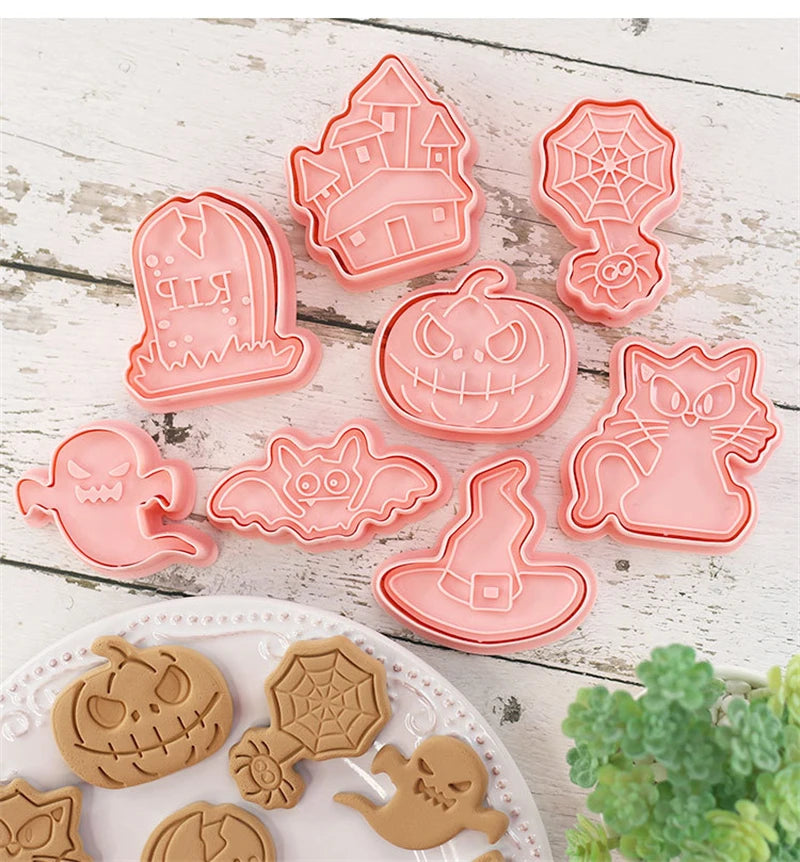 8-Piece Halloween Cookie Mold Set – Ghost & Cartoon Press Biscuit Cutters, Food-Grade PLA