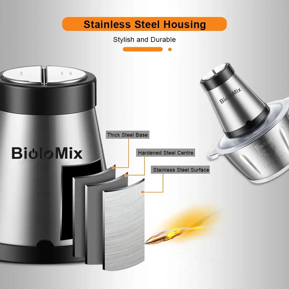 BioloMix 500W Electric Chopper & Meat Grinder – 2L Stainless Steel, 2 Speeds Kitchen Appliance Peaceful Pleasures Health and Wellness