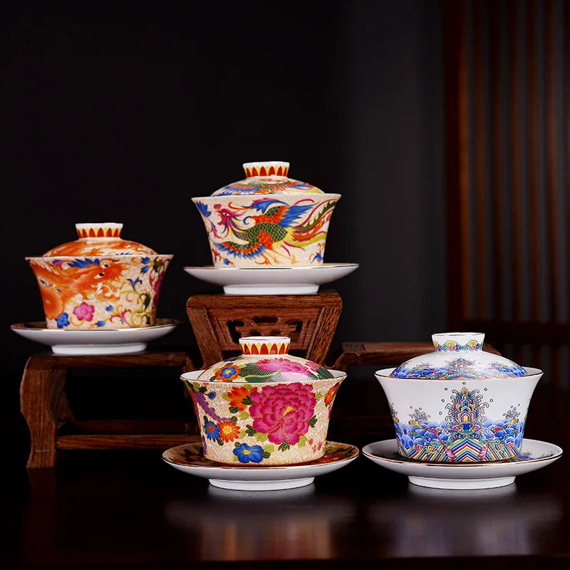 HMLOVE Enamel Sancai Gaiwan Large Capacity White Porcelain Cover Bowl
