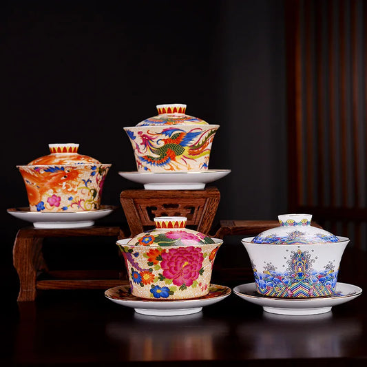 HMLOVE Enamel Sancai Gaiwan Large Capacity White Porcelain Cover Bowl Peaceful Pleasures Health and Wellness