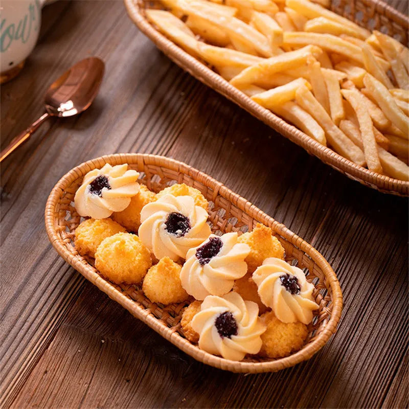 Hand-Woven Rattan Bread Storage Tray Fruit Basket Breakfast Serving Trays Oval Tea Snack Plate Cutlery Tray Home Decoration Peaceful Pleasures Health and Wellness