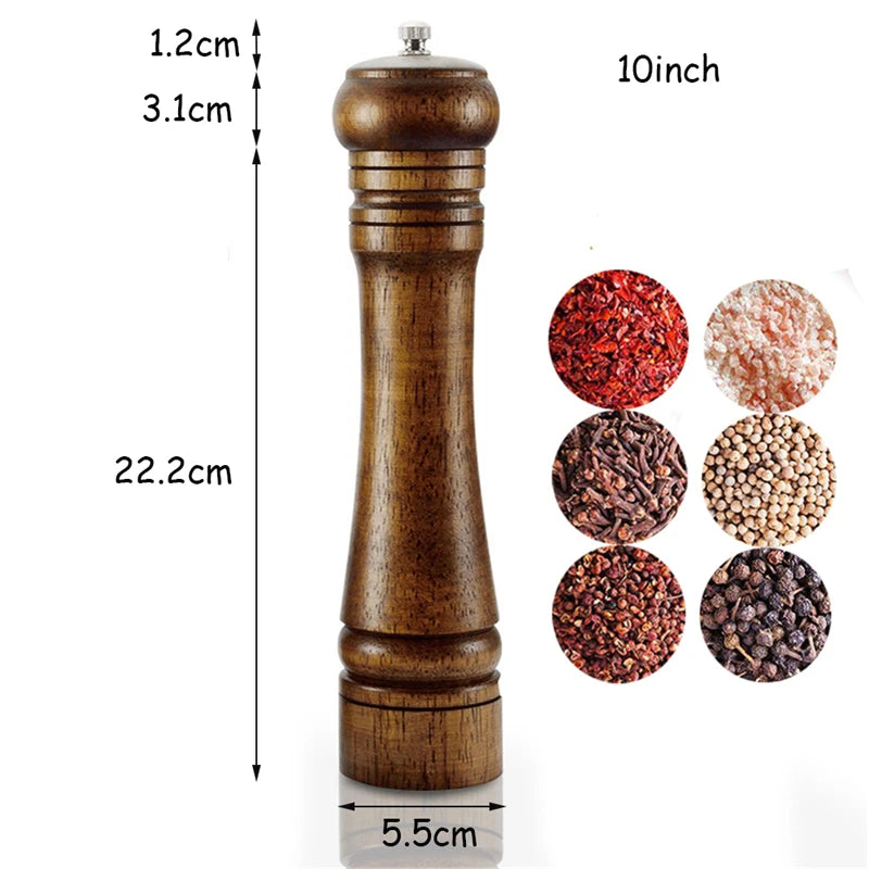 4PC 10inch Classical Oak Wood Pepper Spice Mill Grinder Set Handheld Seasoning Mills Grinder Ceramic Grinding Core BBQ Tools Set