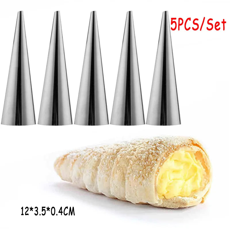 5-Piece Stainless Steel Cream Horn Cone Mold Tubes – Spiral Croissant & Pastry Roll Baking Molds