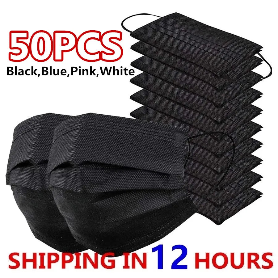 Black Disposable 3-Layer Face Masks – Melt-Blown Earloop
