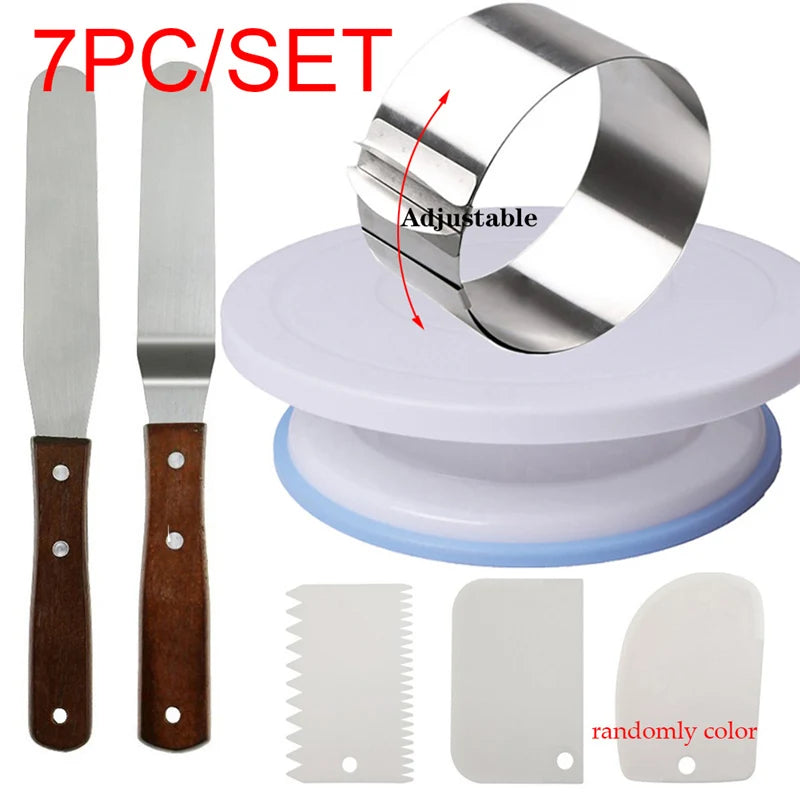 8-Piece Cake Turntable Decorating Set | Rotating Stand, Adjustable Mousse Rings, Spatulas & Scrapers