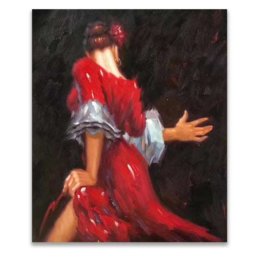 On the canvas art impressionist living room wall hangs a beautiful Spanish dancer hand-painted by a girl in red Peaceful Pleasures Health and Wellness 90x120cm