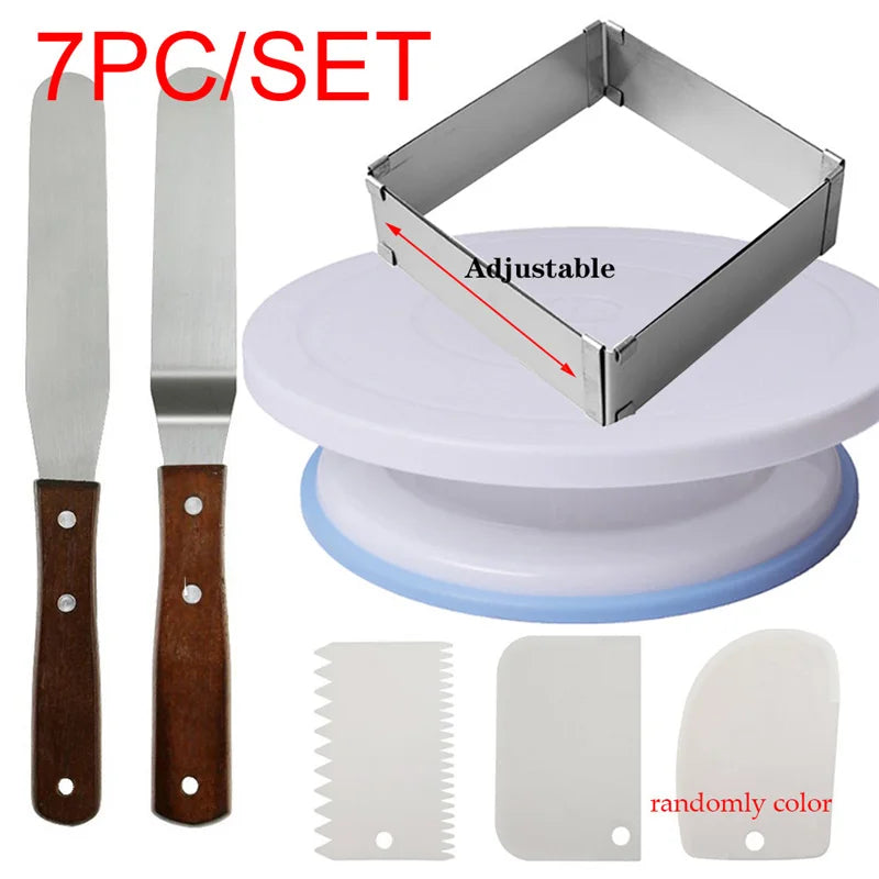 8-Piece Cake Turntable Decorating Set | Rotating Stand, Adjustable Mousse Rings, Spatulas & Scrapers