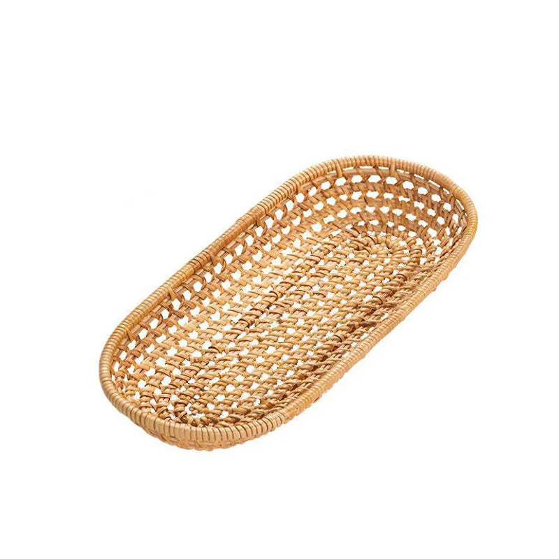 Hand-Woven Rattan Bread Storage Tray Fruit Basket Breakfast Serving Trays Oval Tea Snack Plate Cutlery Tray Home Decoration Peaceful Pleasures Health and Wellness Primary 2PCS S and L