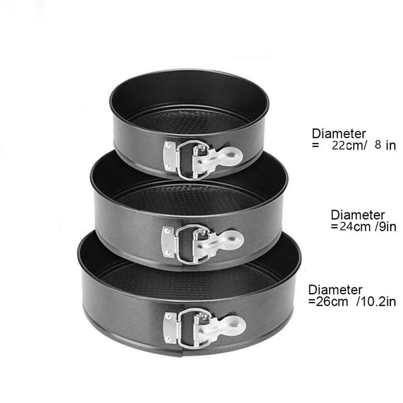 3-Piece Non-Stick Carbon Steel Springform Cake Pan Set – 8", 9" & 10" Round Baking Molds with Removable Bottom