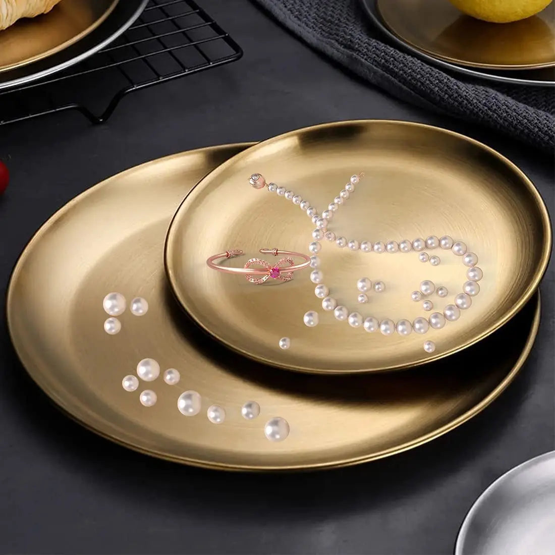 Stainless Steel Round Dinner Plates, Gold Plates, Metal Plates for Picnic, Outdoor Camping Plate, Kitchen Tableware, Unbreakable Peaceful Pleasures Health and Wellness