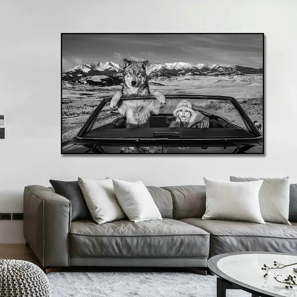 Wild Wolves Animal Wall Art Posters White Black Canvas Print Nauty Girl Driving Car Canvas Paintings Pictures For Home Decor Peaceful Pleasures Health and Wellness