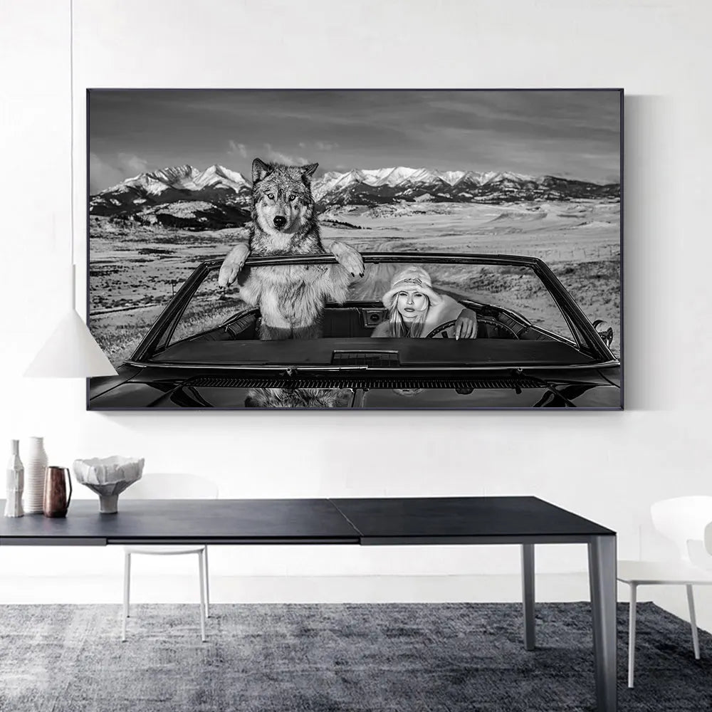 Wild Wolves Animal Wall Art Posters White Black Canvas Print Nauty Girl Driving Car Canvas Paintings Pictures For Home Decor Peaceful Pleasures Health and Wellness