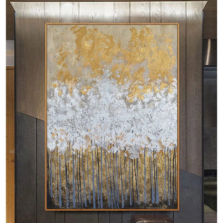 Abstract Gold Foil Handmade Canvas Oil Painting Forest Hanging Poster Home Decoration Art Custom Mural Living Room Bedroom Hotel Peaceful Pleasures Health and Wellness No frame 90cmx180cm
