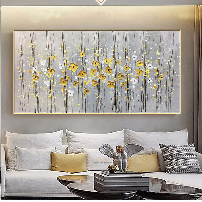 Nice Picture Money Golden Flowers Design Wall Art Poster For Home Deocr Hand Painted Oil Painting On Canvas For Living Room Sofa Peaceful Pleasures Health and Wellness