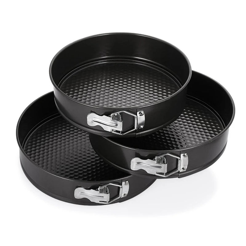 3-Piece Non-Stick Carbon Steel Springform Cake Pan Set – 8", 9" & 10" Round Baking Molds with Removable Bottom