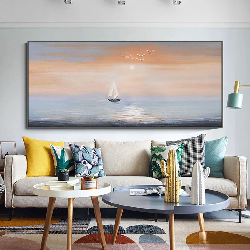 Handmade Canvas Oil Painting – Sailboat & Landscape Wall Art Canvas Oil Painting Peaceful Pleasures Health and Wellness