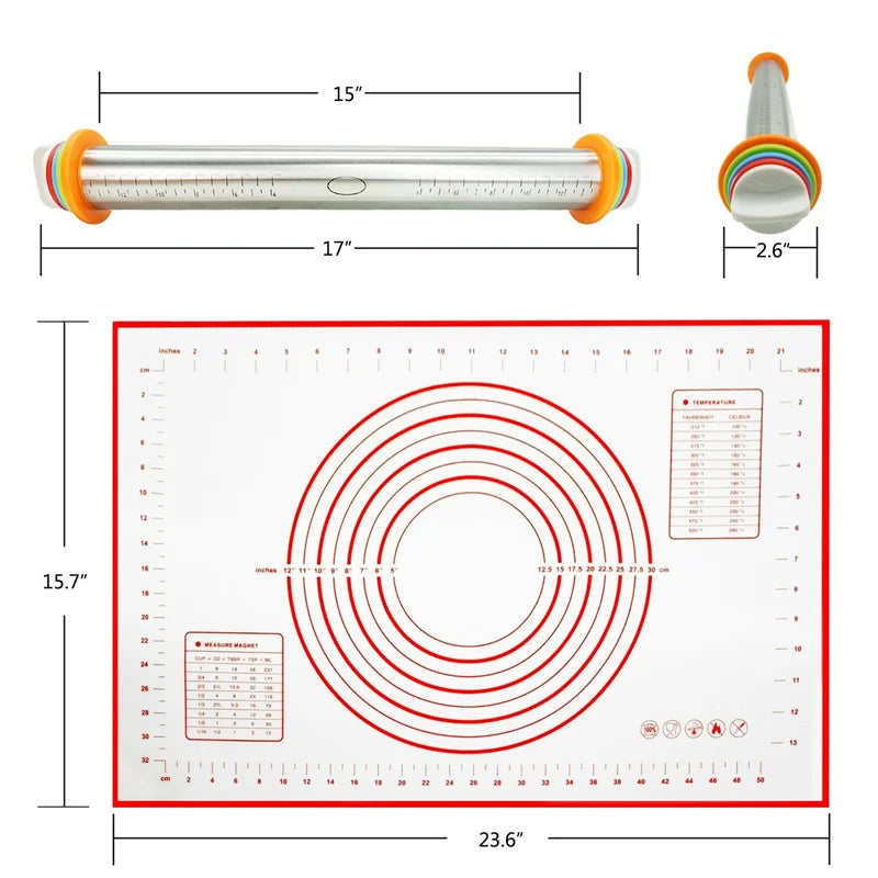 Adjustable Stainless Steel Rolling Pins 4 Removable Thickness Rings Pastry Mat for Dough Pizza Pastry Pie Cookies Bakeware Tool Peaceful Pleasures Health and Wellness