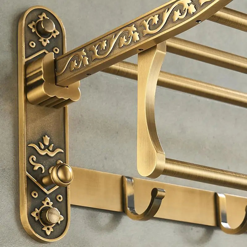Foldable Antique Brass Aluminum Bath Towel Rack with Hooks