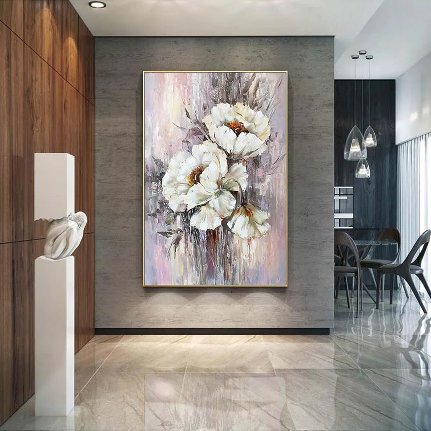 The beautiful white flower oil painting on the high-quality canvas is used for home decoration in the parlour bedroom and hotel Peaceful Pleasures Health and Wellness