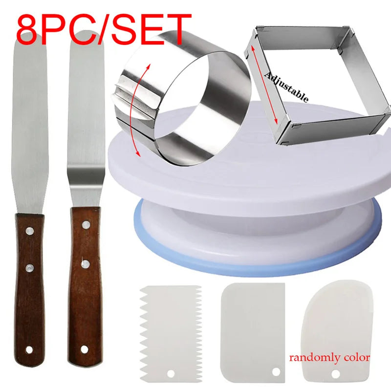 8-Piece Cake Turntable Decorating Set | Rotating Stand, Adjustable Mousse Rings, Spatulas & Scrapers