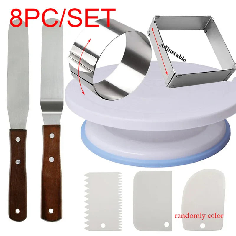 8-Piece Rotating Cake Turntable Set – Stand, Mousse Ring & Tools