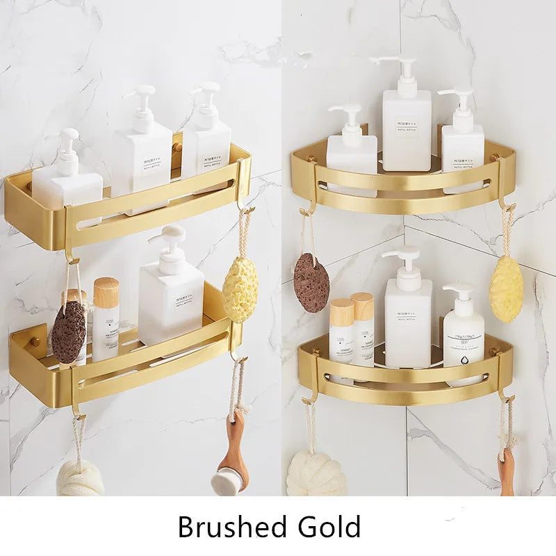 Brushed Gold Triple-Tier Corner Shelf | Wall Mounted Bathroom