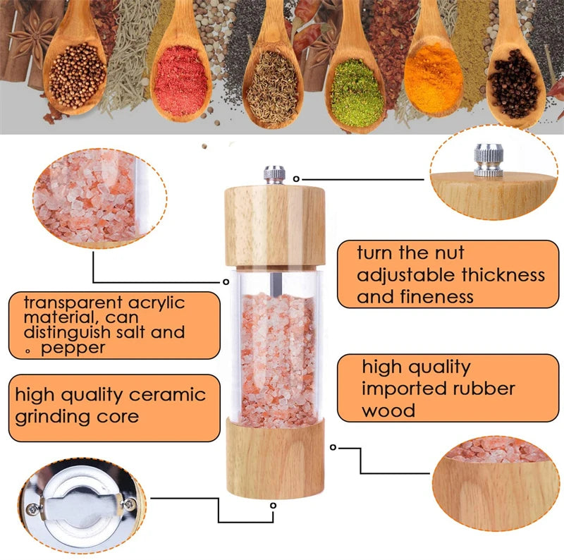 6/8in Salt and Pepper Grinder Mill Oak Wood Manual Seasoning Spice Mill Adjustable Ceramic Grinding Core Kitchen Grinding Tools Peaceful Pleasures Health and Wellness