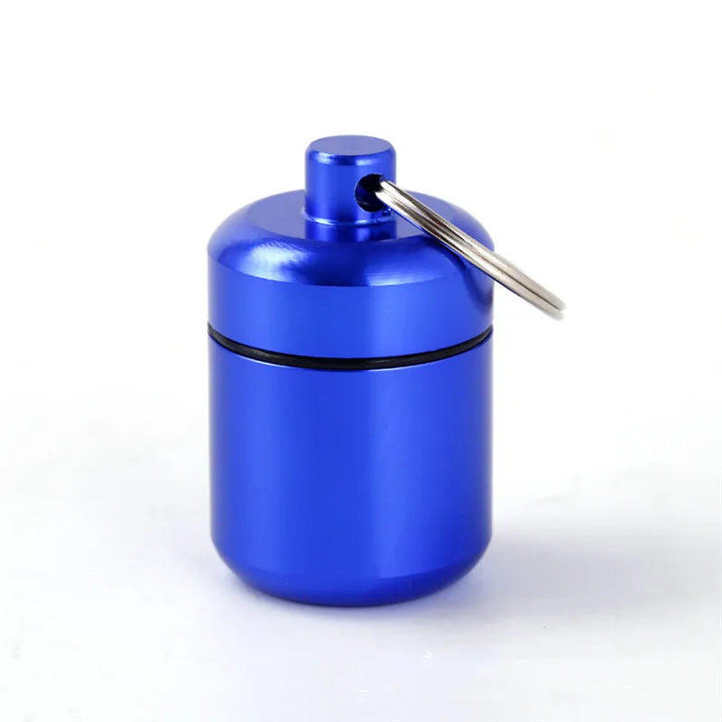 Mini Portable Aluminium Pill Case Keychain Outdoor Pocket Pill Box Container Carry Bottle Case Hearing Protection Earplugs Box Peaceful Pleasures Health and Wellness blue
