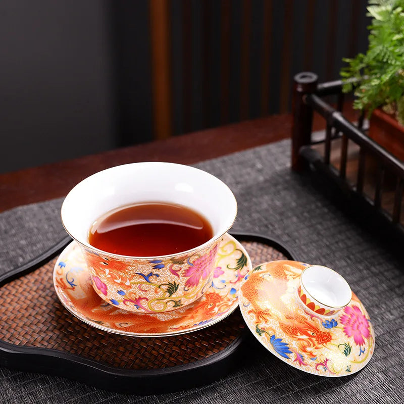 HMLOVE Enamel Sancai Gaiwan Large Capacity White Porcelain Cover Bowl