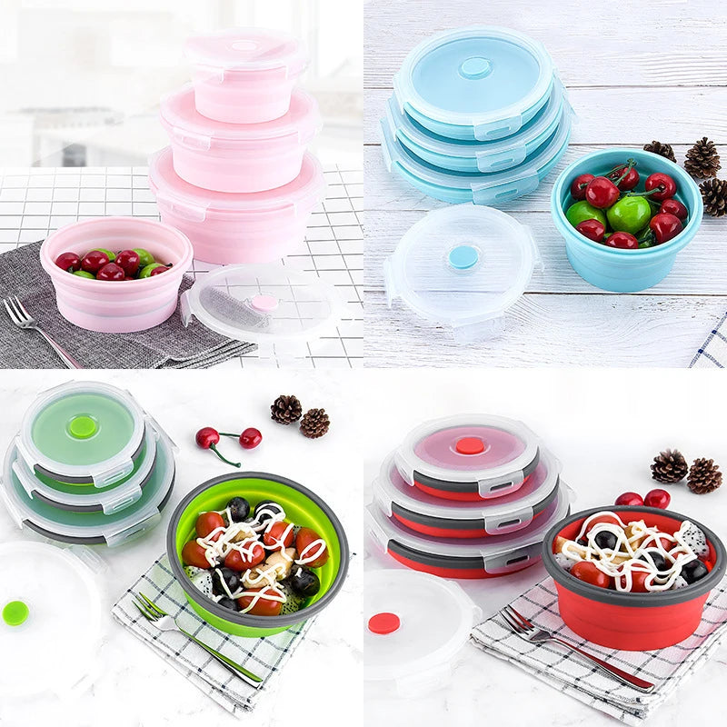 4pc Silicone Folding Lunch Box Set – Collapsible Microwave-Safe Bowls with Lids Peaceful Pleasures Health and Wellness Blue