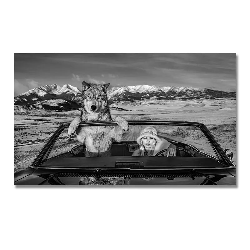 Wild Wolves Animal Wall Art Posters White Black Canvas Print Nauty Girl Driving Car Canvas Paintings Pictures For Home Decor Peaceful Pleasures Health and Wellness QPA0046 60x105cm No Frame