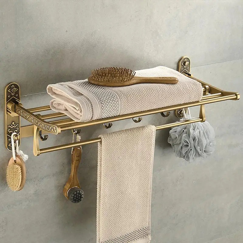 Foldable Antique Brass Aluminum Bath Towel Rack with Hooks