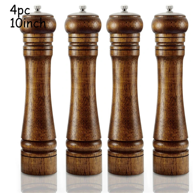 4PC 10inch Classical Oak Wood Pepper Spice Mill Grinder Set Handheld Seasoning Mills Grinder Ceramic Grinding Core BBQ Tools Set