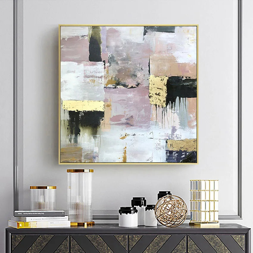 Abstract Gold Foil Wall Posters for Christmas Decoration, Hand Painted Oil Painting on Canvas, Hanging Pictures for Living Room Peaceful Pleasures Health and Wellness