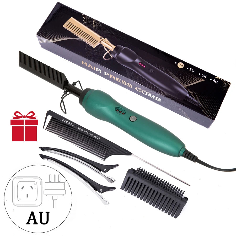 3 in 1 Hot Comb Straightener Electric Hair Straightener Hair Curler Wet Dry Use Hair Flat Irons Hot Heating Comb For Hair Peaceful Pleasures Health and Wellness Green AU