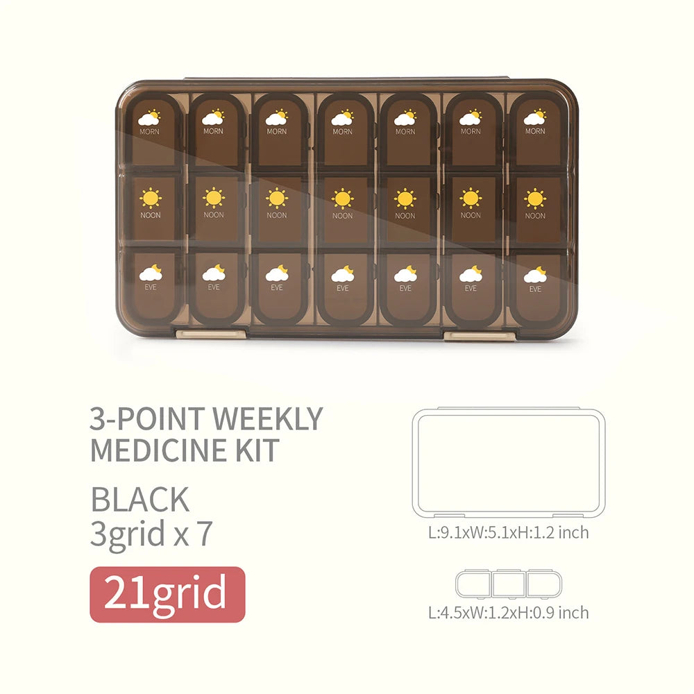 Large Capacity Weekly Pill Box Medicine Dispenser Pill Case Compartment Vitamin Tablet Organizer Storage Box 7 Days Pastillero Peaceful Pleasures Health and Wellness 21 grid Black